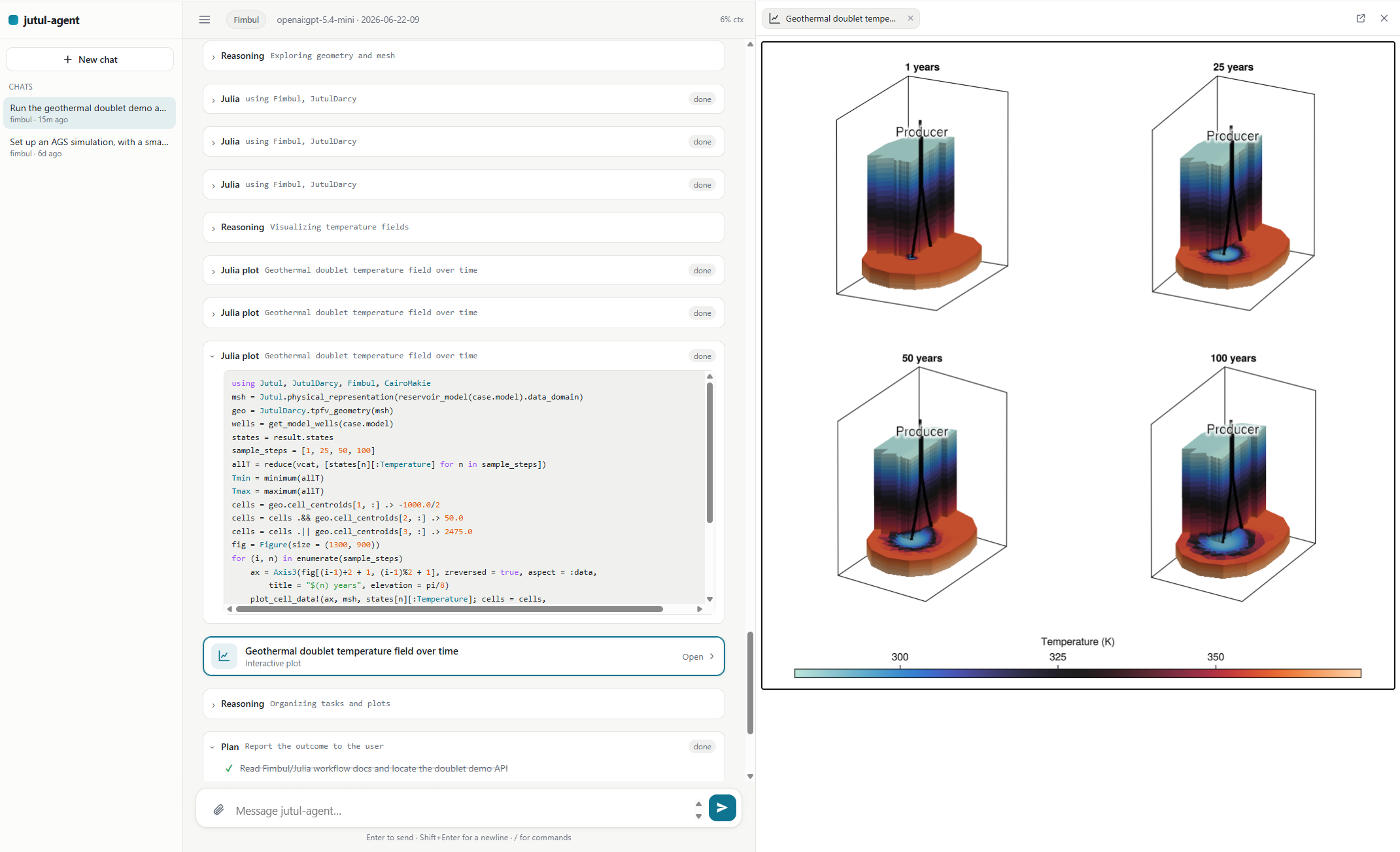 jutul-agent web UI: a Fimbul geothermal doublet with the 3D temperature field over time