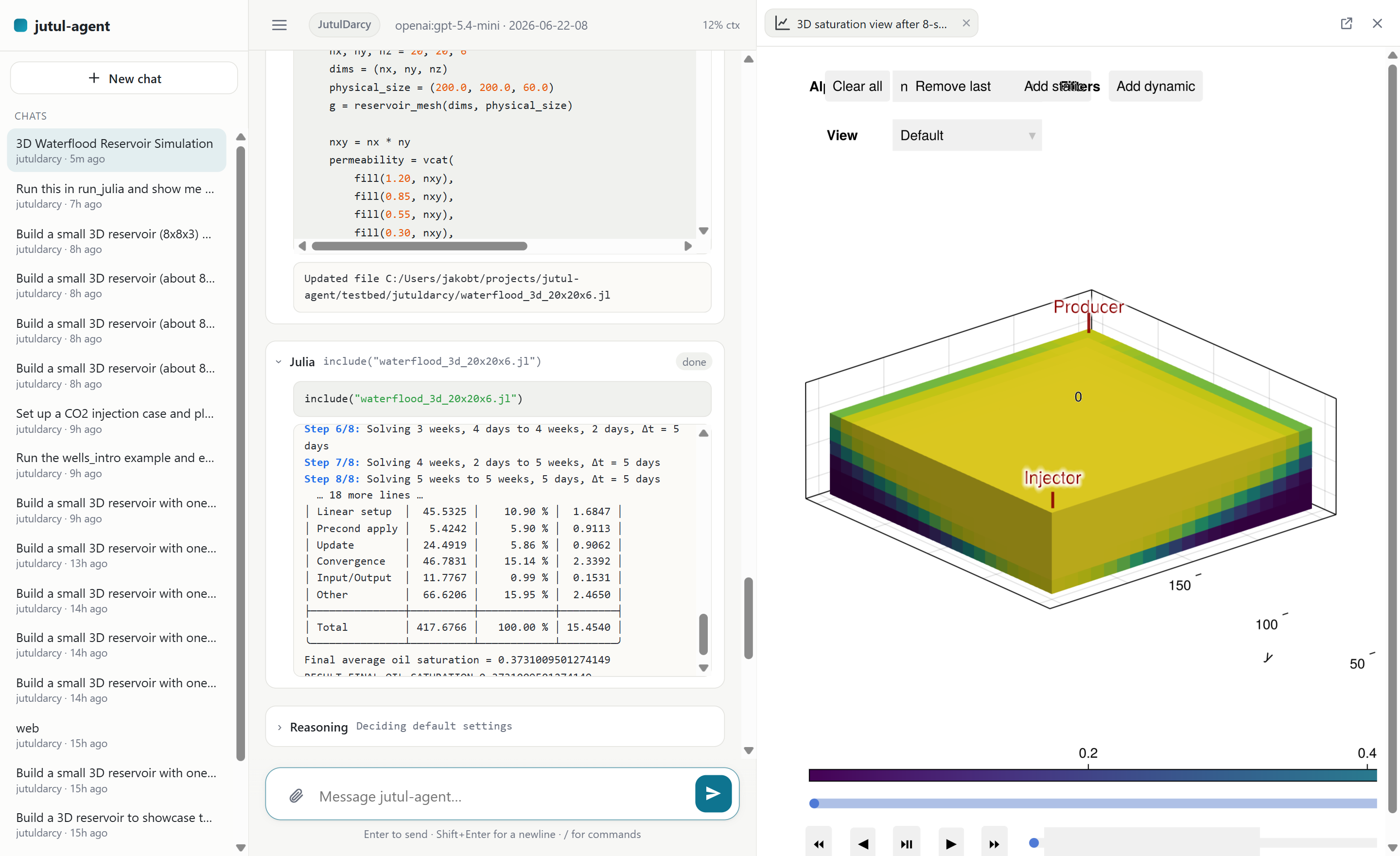 The bundled web UI running JutulDarcy: the conversation on the left, an
interactive 3D reservoir pinned in the side canvas on the right.